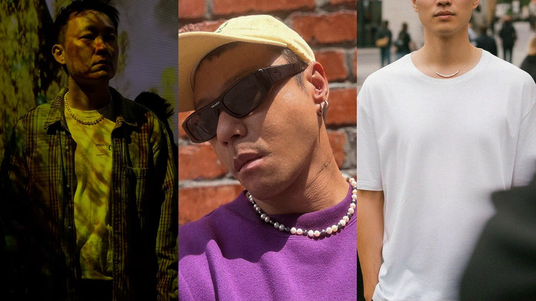 A collage of mens wearing Pryte freshwater pearls necklace