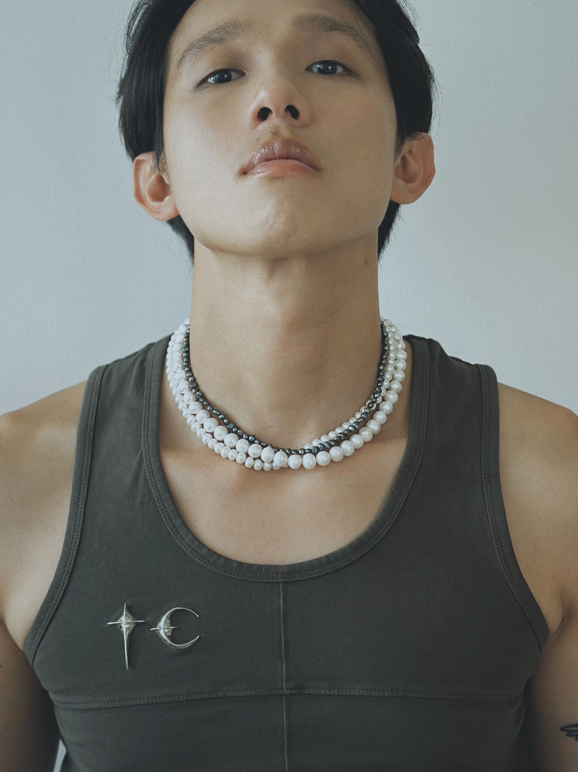 Grand Tide Necklace worn on the neck — Pryte white freshwater pearl necklace