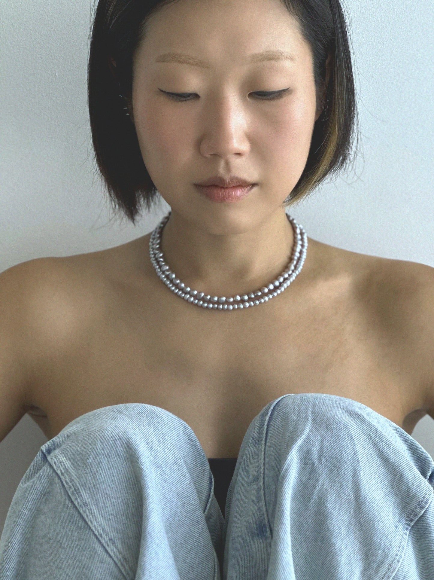 Small Abyss Necklace worn — Pryte grey freshwater pearl necklace